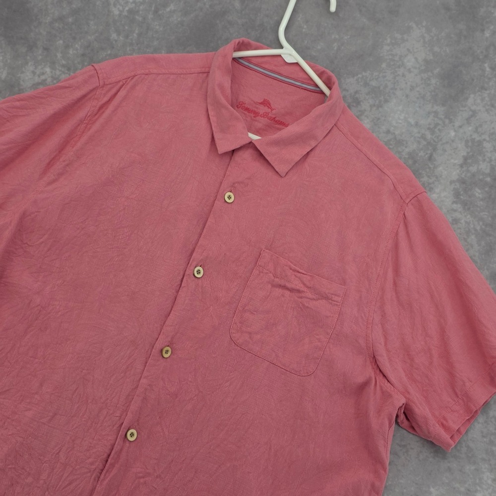 Tommy Bahama Mens XL Pink 100% Silk Jacquard Tropical Short Sleeve Camp Shirt